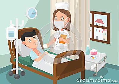 The nurse taking care of patient in the ward of hospital Vector Illustration