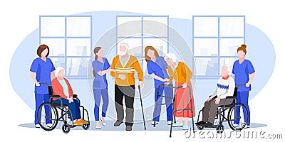 Nurse taking care about seniors people in hospital. Vector flat cartoon illustration Vector Illustration