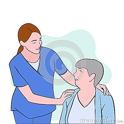 Nurse taking care of suffering senior patient. Vector Illustration