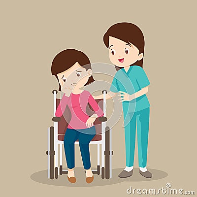 Nurse or volunteer worker taking care of sick woman sitting on wheelchair Vector Illustration