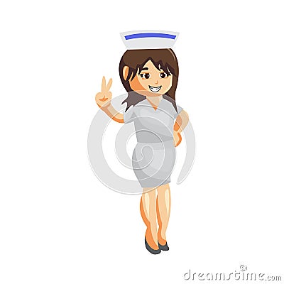 Nurse woman hospital character clothes healthcare mascot Hand Peace Vector Illustration