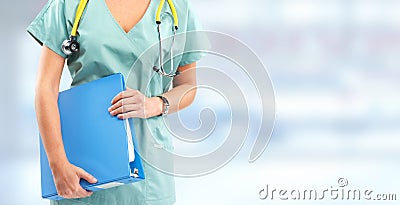 Nurse woman over blue background. Stock Photo