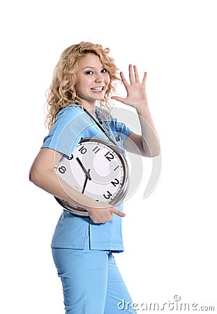 Nurse woman running late Stock Photo