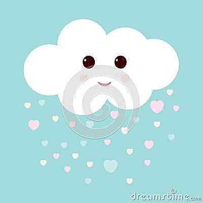 Nursery art with happy smiling cloud and hearts rain. Cute Valentines illustration. Vector Illustration