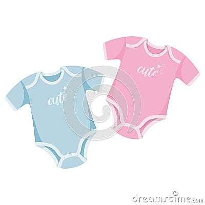 Nursery baby pink and blue body rompers set. Vector Illustration