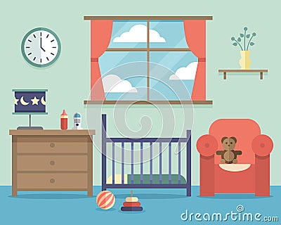 Nursery baby room interior with furniture in flat Vector Illustration