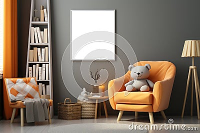 Nursery with cute little halloween pumpkin theme, frame with plain canvas mockup. Generative AI Stock Photo