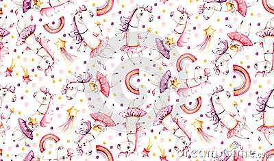 Nursery cute watercolor unicorn seamless pattern. Unicorns aquarelle background. Princess unicorns adorable collection. Stock Photo