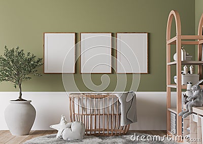 Nursery design, wooden furniture in green baby room, Scandinavian style Stock Photo