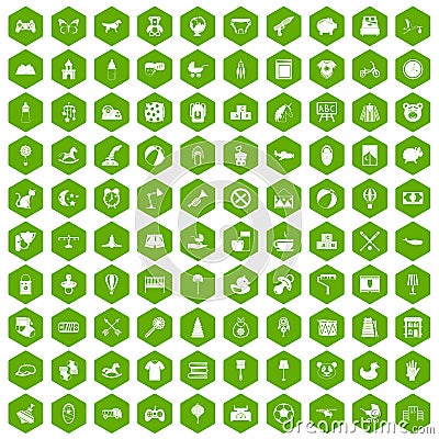 100 nursery icons hexagon green Vector Illustration