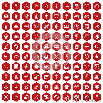 100 nursery icons hexagon red Vector Illustration