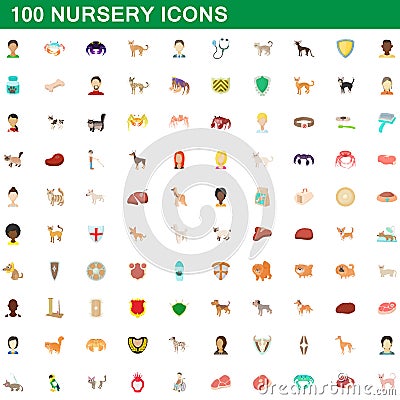 100 nursery icons set, cartoon style Vector Illustration