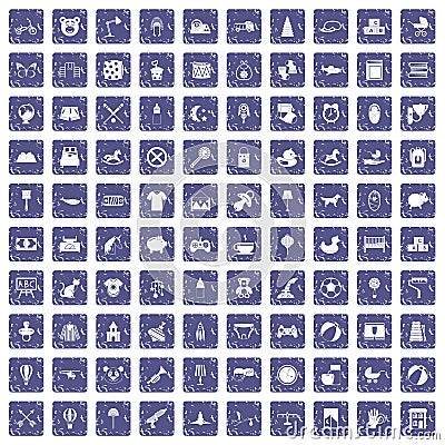 100 nursery icons set grunge sapphire Vector Illustration