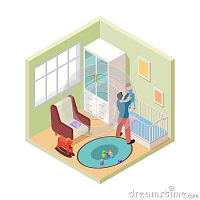 Nursery interior. Isometric father and son in kids room. Vector nursery room furniture Vector Illustration