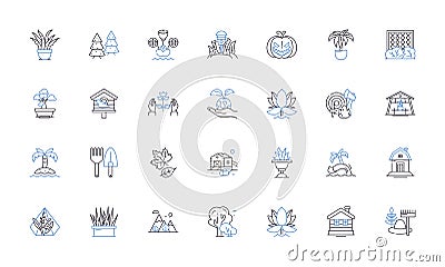 Nursery line icons collection. Plants, Soil, Seedlings, Fertilizer, Mulch, Trees, Shrubs vector and linear illustration Vector Illustration
