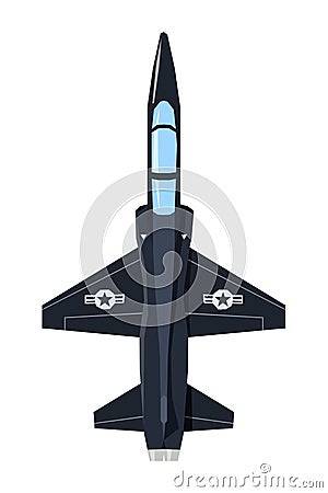 Nursery military airplane drawing. Army aircraft in cartoon style. Isolated warplane art for kid bedroom decor. Top view Vector Illustration