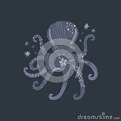 Nursery poster with cute animal, kids wall art with octopus and flower. Sea inhabitants. Children print Stock Photo