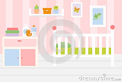 Nursery room interior. Apartment in pink colors and white furniture. Baby girl bedroom design with bed, shelves, toys. Vector illu Vector Illustration