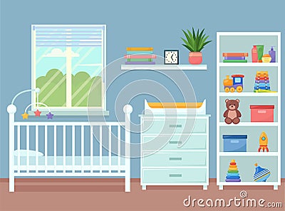 Nursery room interior. Room for baby boy, vector illustratio Vector Illustration
