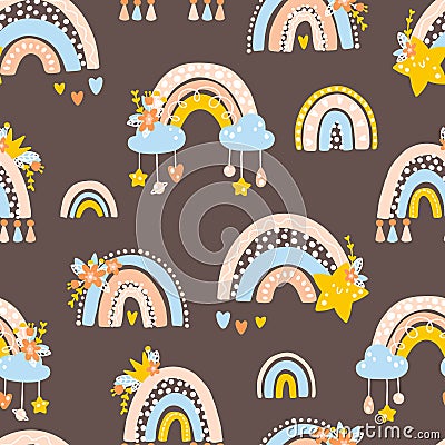 Nursery seamless pattern with rainbows, planets, clouds. Vector background with cute baby shower elements in simple hand Vector Illustration