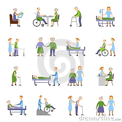 Nursing Elderly People Icons Set Vector Illustration