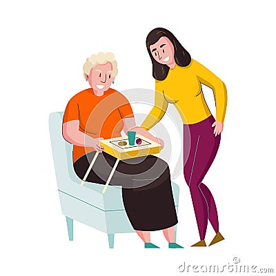 Nursing Feeding Elderly Composition Vector Illustration