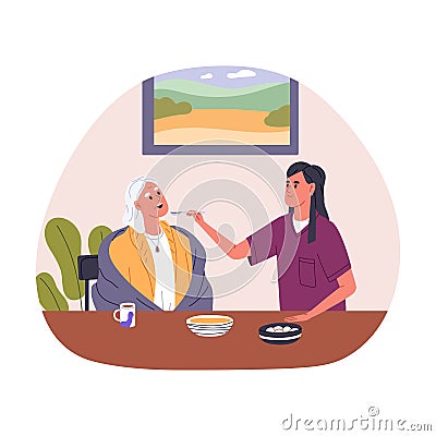 Nursing and feeding elderly person. Care, support for aged senior people concept. Caregiver volunteering, helping old Vector Illustration