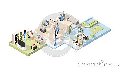 Nursing home isometric. Elderly male and female characters lifestyle healthcare activity professional medical stuff Vector Illustration