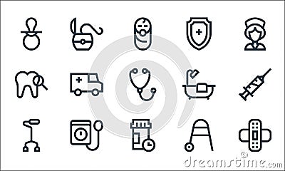 nursing line icons. linear set. quality vector line set such as bandage, pills, walker, walker, blood pressure, tooth, bathtub, Vector Illustration