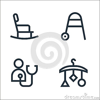 nursing line icons. linear set. quality vector line set such as crib toy, stethoscope, walker Vector Illustration