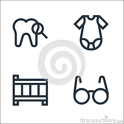 nursing line icons. linear set. quality vector line set such as eyeglasses, crib, baby clothes Vector Illustration