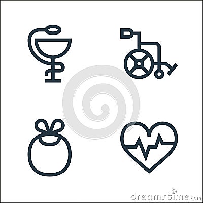 nursing line icons. linear set. quality vector line set such as heart rate, baby bib, wheelchair Vector Illustration
