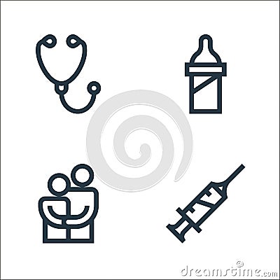 nursing line icons. linear set. quality vector line set such as syringe, couple, feeder Vector Illustration