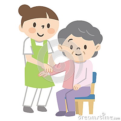 Nursing staff to assist elderly women in changing clothes Cartoon Illustration