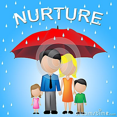 Nurture Kids Shows Umbrellas Supporting And Offspring Stock Photo