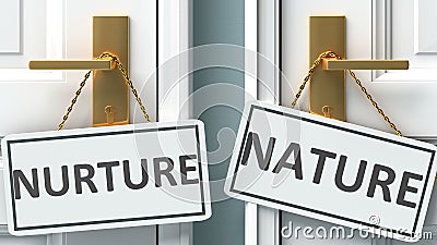 Nurture or nature as a choice in life - pictured as words Nurture, nature on doors to show that Nurture and nature are different Cartoon Illustration