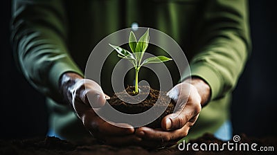 Nurturing Growth. Hands Holding Small Plant in Fertile Soil, Eco-Awareness Concept Stock Photo