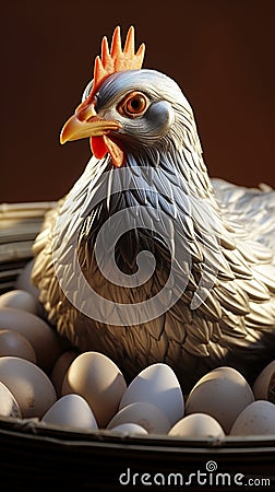 Nurturing scene: Silver hen carefully lays on her clutch of eggs. Stock Photo