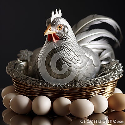 Nurturing scene: Silver hen carefully lays on her clutch of eggs. Stock Photo