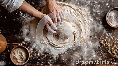 Grandmothers hands expertly kneading bread dough on a wooden table Stock Photo