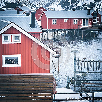 Nusfjord, red rorbuer and stockfish Stock Photo