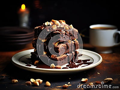 Nut Brownie, Homemade German Chocolate Cake, Chocolate Peanuts Cake, Brownie Square Piece Stock Photo