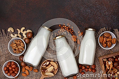 Nut milk in glass bottles Stock Photo