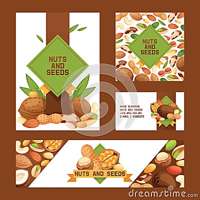 Nut vector nutshell of hazelnut walnut and almond nuts set backdrop organic food nutrition with cashew peanut and Vector Illustration