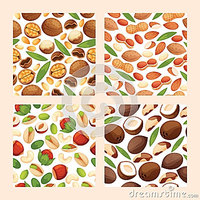 Nut vector seamless pattern nutshell of hazelnut or walnut and almond nuts backdrop set nutrition with cashew peanut and Vector Illustration