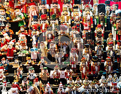 Nutcrackers showcase at the Christmas market during Weihnachten in Aachen, Germany. Editorial Stock Photo