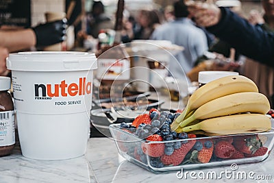 Nutella and fruits at Dutch pancakes stall inside Camden Market, London, UK Editorial Stock Photo