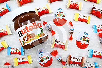 Nutella, Kinder Surprise and Kinder mini Chocolates made in Italy by Ferrero Editorial Stock Photo