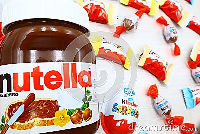 Nutella, Kinder Surprise and Kinder mini Chocolates made in Italy by Ferrero Editorial Stock Photo