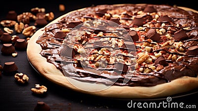 Nutella pizza - doughy base spread with Nutella hazelnut chocolate spread and powdered sugar Stock Photo